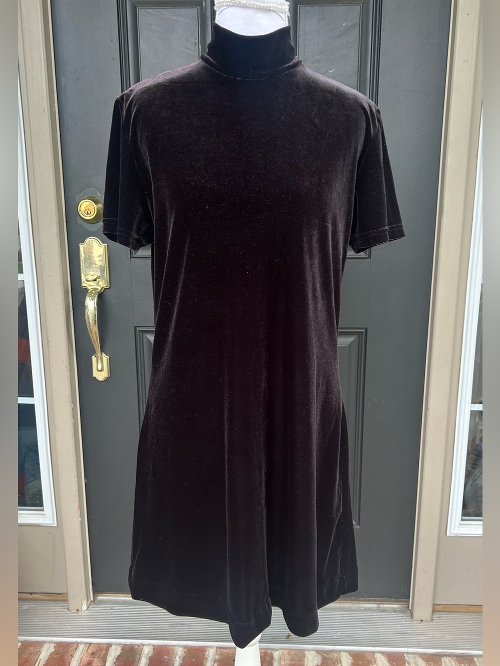 Vintage 90s black velour velvet mock neck shift dress S M